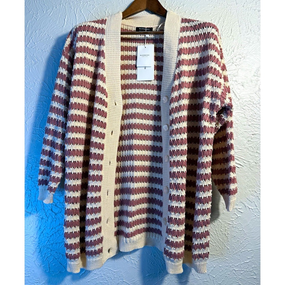 NWT BloomChic Sweater Stripe Button Front Cardigan Pink Cream 1X  14 16 Oversize